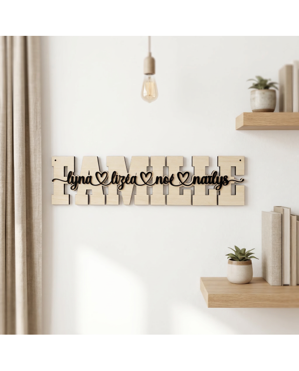 Mot Famille personnalisé en bois – Décoration murale unique avec prénoms