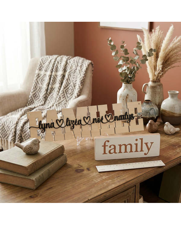 Mot Famille personnalisé en bois – Décoration murale unique avec prénoms