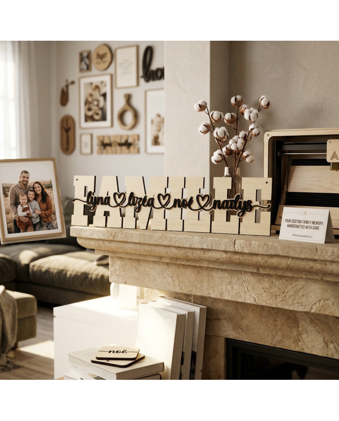 Mot Famille personnalisé en bois – Décoration murale unique avec prénoms