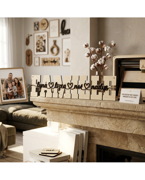 Mot Famille personnalisé en bois – Décoration murale unique avec prénoms