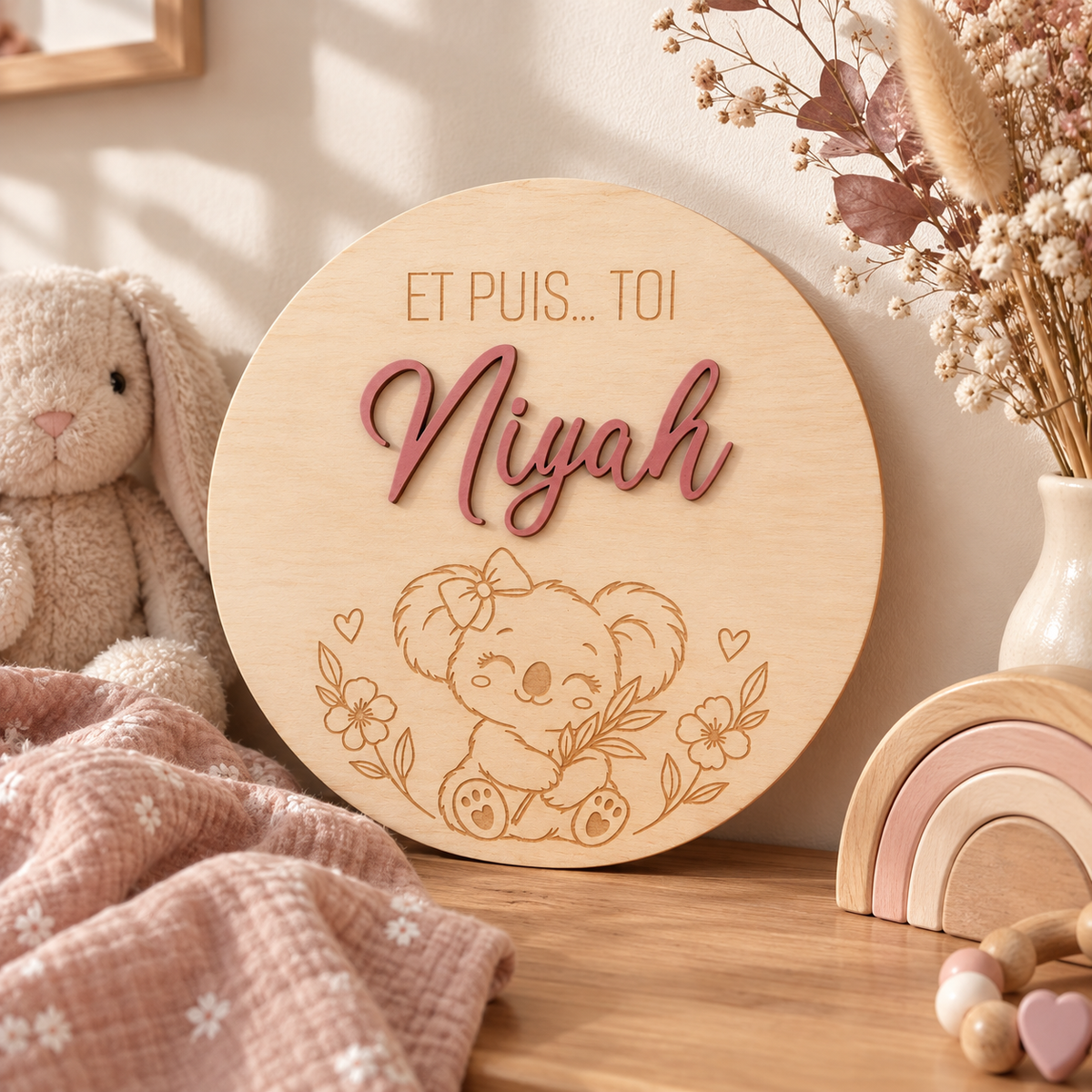 Plaque de Naissance Personnalisée en Bois motif Koala – Prénom & Phrase au Choix