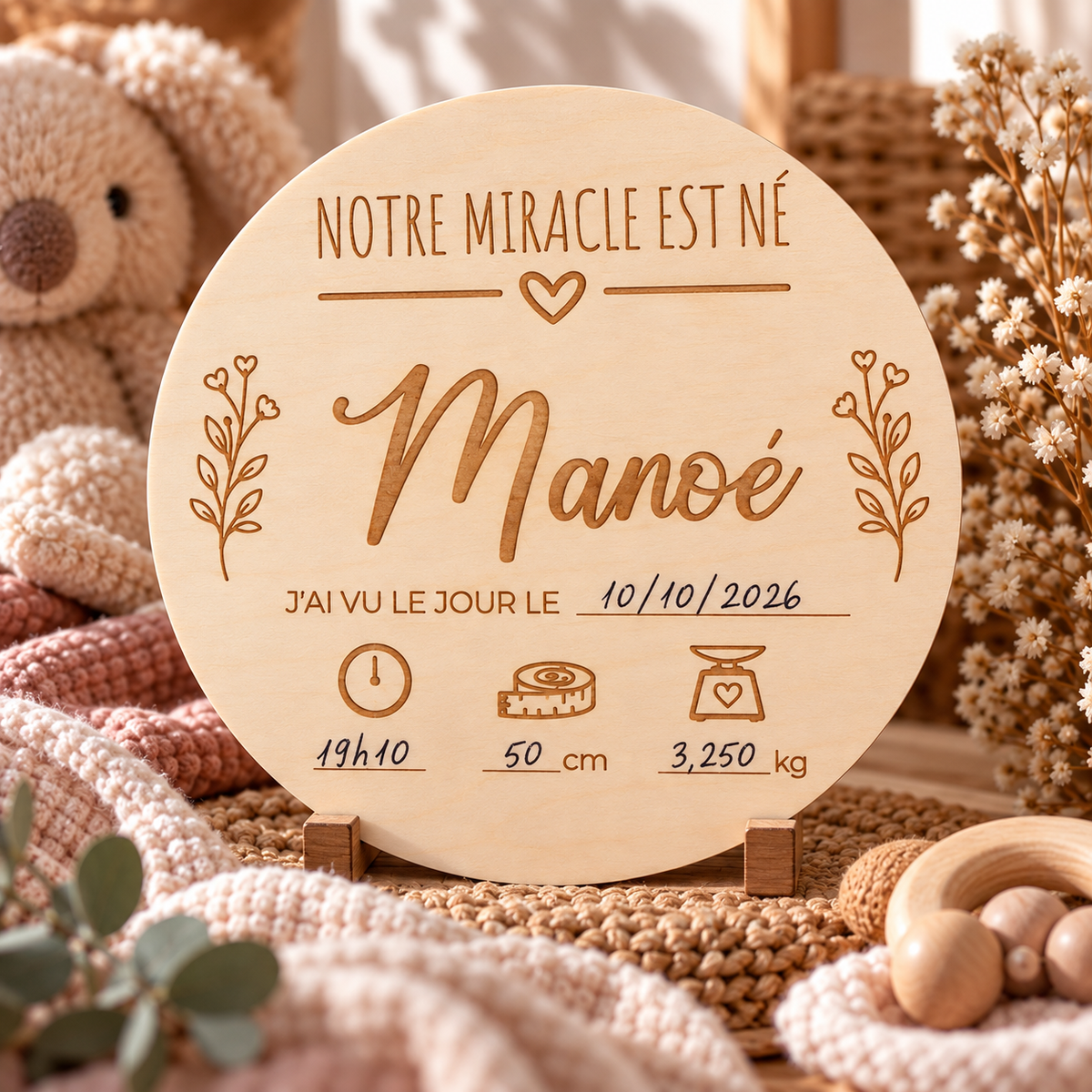 Plaque de naissance en bois personnalisée – Souvenir de naissance gravé – Cadeau bébé – Décoration chambre bébé – À personnaliser