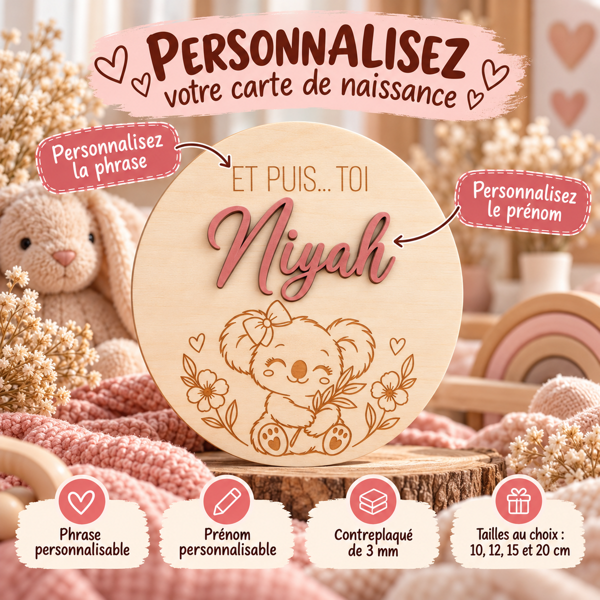 Plaque de Naissance Personnalisée en Bois motif Koala – Prénom & Phrase au Choix