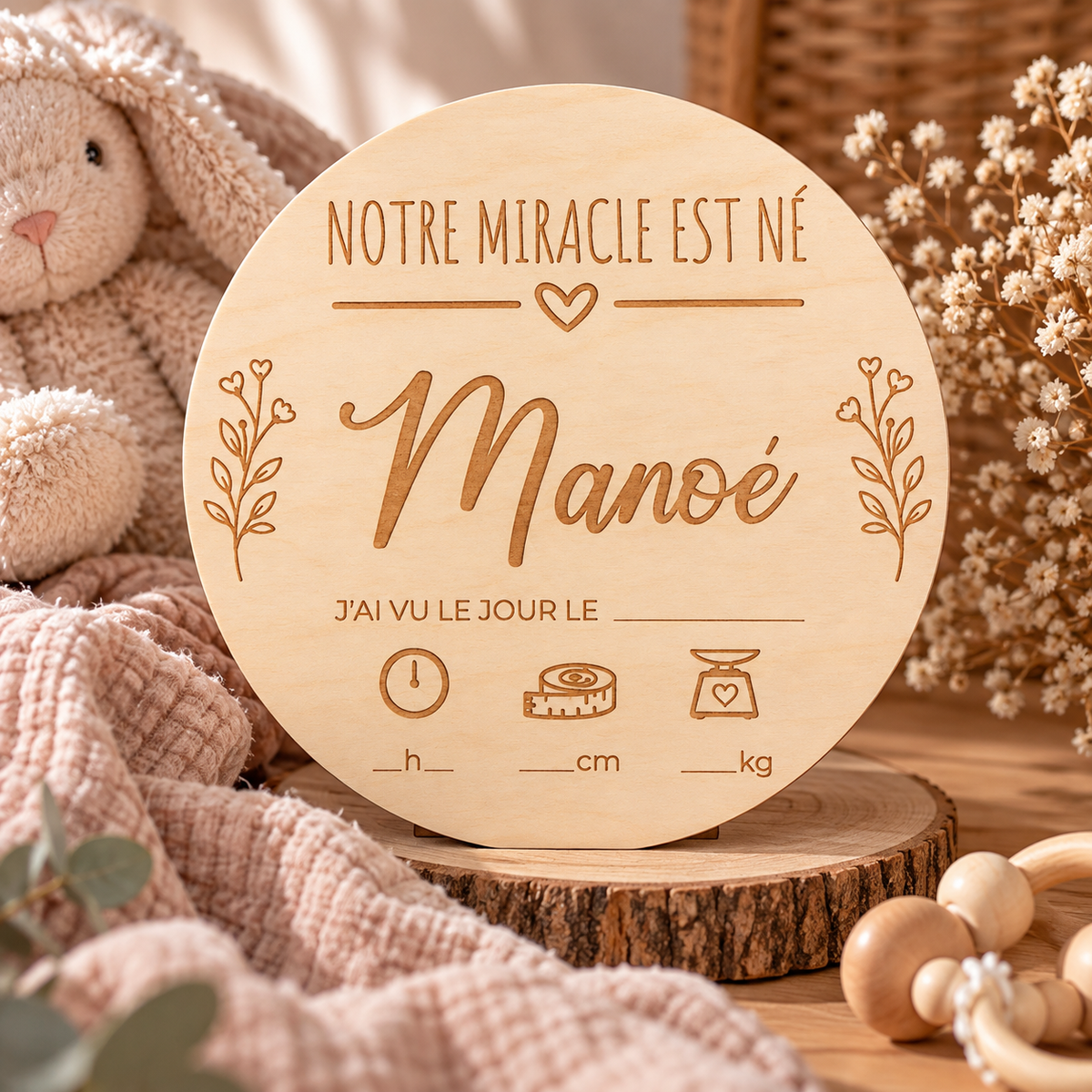 Plaque de naissance en bois personnalisée – Souvenir de naissance gravé – Cadeau bébé – Décoration chambre bébé – À personnaliser